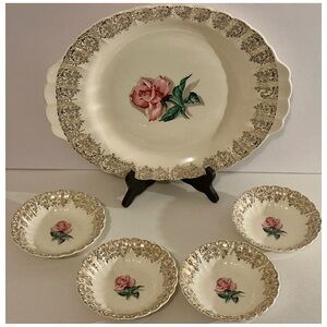 American Limoges La Fleur Rouge 22K Gold Platter & 4 Bowls Vintage USA